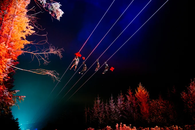 Four people on zip wires at night, moving between trees that are lit up orange 