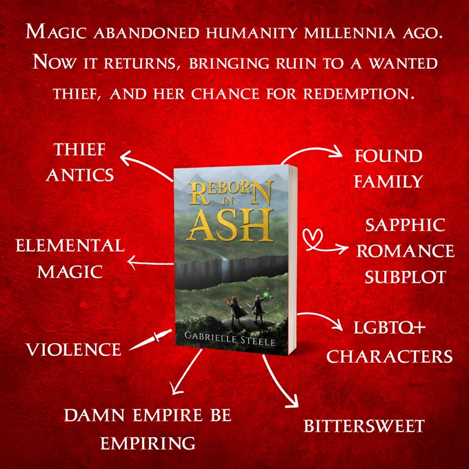 A book marketing graphic. Over a bloodred background is white text and a book cover with arrows coming off it to point to some phrases. Text at the top: Magic abandoned humanity millennia ago. Now it returns, bringing ruin to a wanted thief, and her chance for redemption. Book cover is for Reborn in Ash by Gabrielle Steele, which features an illustration of two women wielding magic as they overlook a huge chasm in a hilly landscape with mountains in the background. The text pointed to by arrows shows what to expect inside the book: thief antics, found family, elemental magic, sapphic romance subplot, violence, LGBTQ  characters, damn empire be empiring, bittersweet.