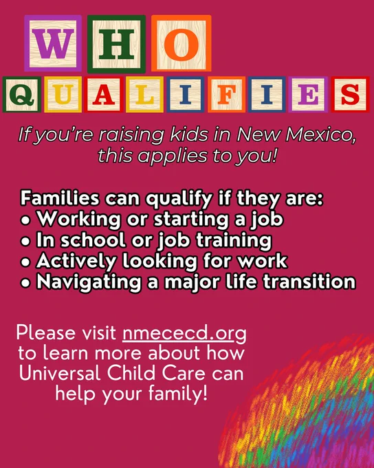 Colorful blocks spell WHO QUALIFIES above text about New Mexico families qualifying for Universal Child Care support.