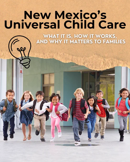 Group of diverse young children happily running outside a school building, illustrating New Mexico's Universal Child Care program.