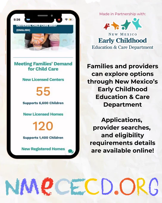 Smartphone screen showing New Mexico child care statistics with 55 licensed centers and 120 licensed homes supporting thousands of children.