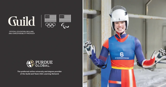 Luge athlete wearing a colorful racing suit and helmet, smiling and posing. The suit displays "6" and "PyeongChang." Next to her is a promotional graphic featuring the logos of Guild and Team USA over a grey background. Below them is the Purdue Global logo.