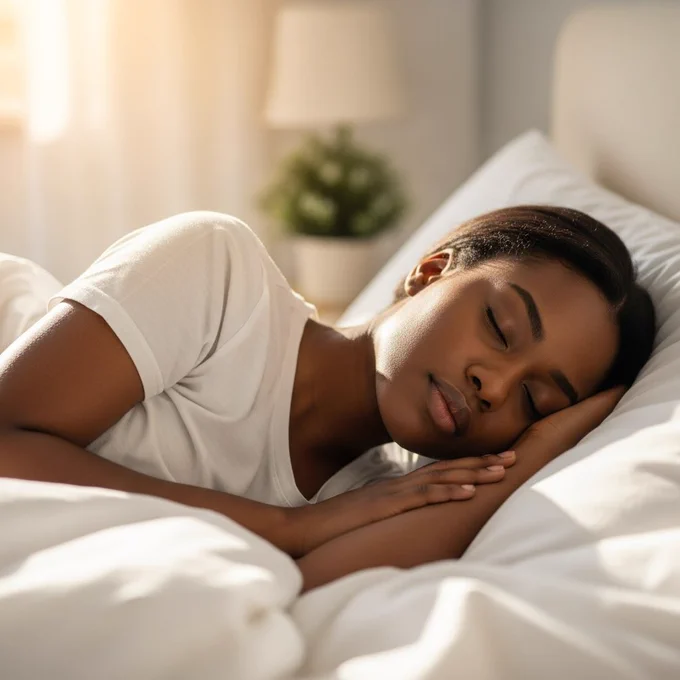 Young African woman sleeping peacefully on her side, soft morning sunlight coming through the window, wearing a loose white T-shirt, calm and cozy bedroom mood, side view angle.