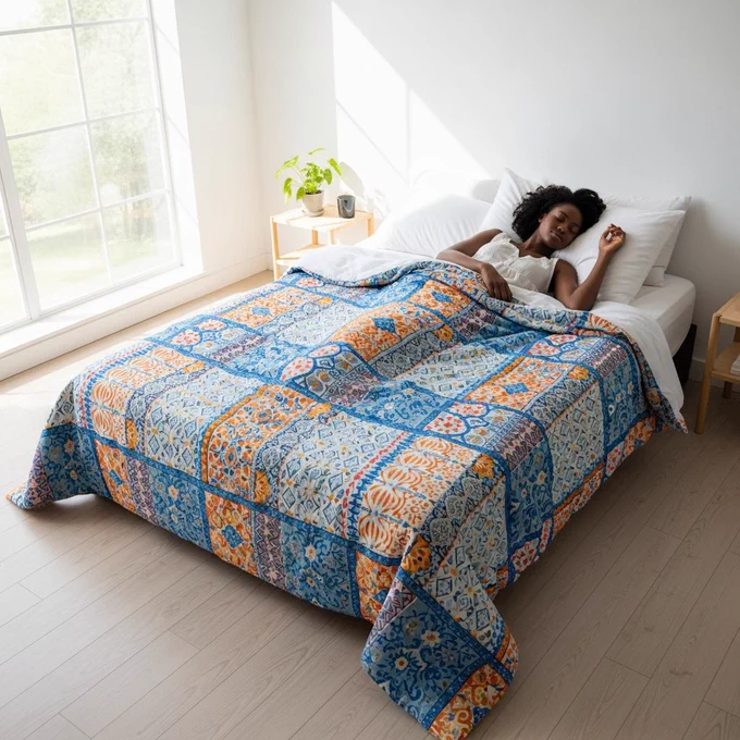 African woman sleeping under a patterned duvet, wide-angle shot from the foot of the bed, wearing a sleeveless nightdress, bright daylight filling the room, modern bedroom feel.