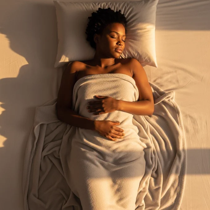 African woman lying on her back asleep, top-down perspective, wrapped in a light blanket, wearing simple sleep shorts, warm golden sunrise lighting, peaceful atmosphere.