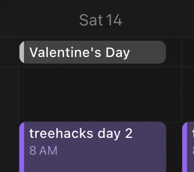 Calendar entry for Feb 14: Valentine's Day, Treehacks Day 2