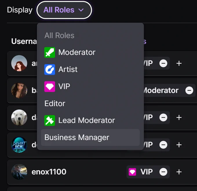 A screenshow showing the Roles on a channel, including: 

Moderator
Artist
VIP
Editor
Lead Moderator
Business Manager