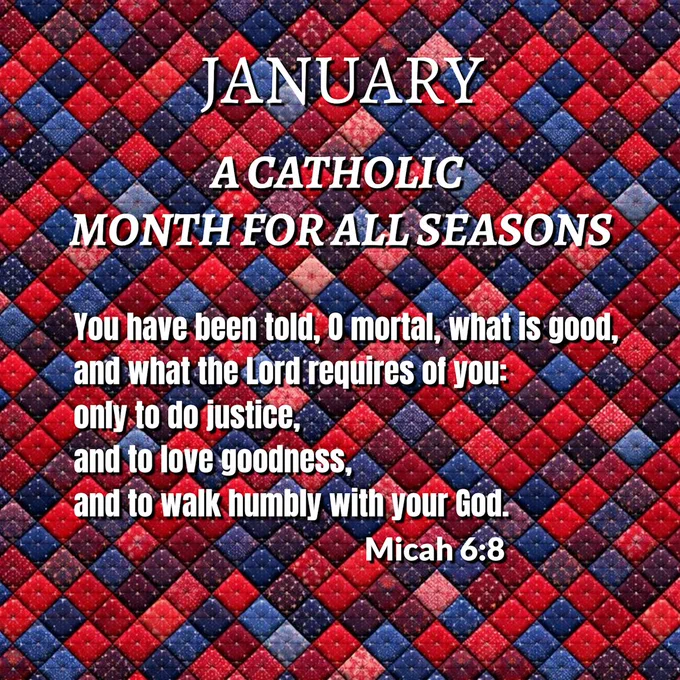 A square image featuring a red-and-blue patchwork quilt pattern with white overlaid text reading “January – A Catholic Month for All Seasons” at the top.  
On the lower half, in white overlaid text, is the following Scripture quotation: “You have been told, O mortal, what is good, and what the Lord requires of you: only to do justice, and to love goodness, and to walk humbly with your God. –  Micah 6:8”