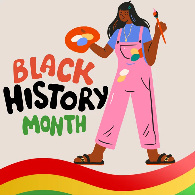 Image: a young person holding a paint palette and paintbrush with the words "BLACK HISTORY MONTH"