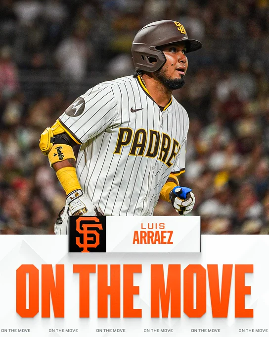 On The Move
Luis Arraez to San Francisco Giants
Pictured: Luis Arraez wears a white pinstriped Padres uniform with yellow accessories and a brown batting helmet.