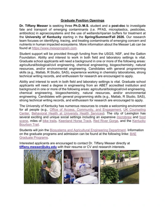 Fully funded PhD/master/post doc positions to study emerging contaminants in agroecosystems at the University of Kentucky program start Spring/Summer/Fall 2026.
#PhDOpportunity #MSOpportunity #Postdoc #EnvironmentalEngineering #BiosystemsEngineering