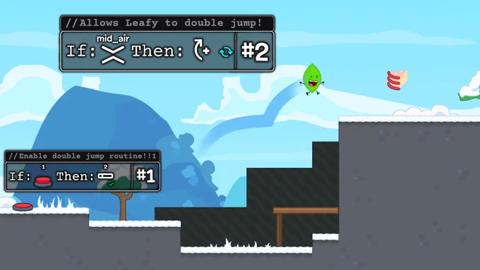 Screenshot of Leafy double jumping in a snow level, with examples of routines. One routine enables double jumping if a Red Button is pressed. Another routine allows Leafy to double jump if she is in mid-air.