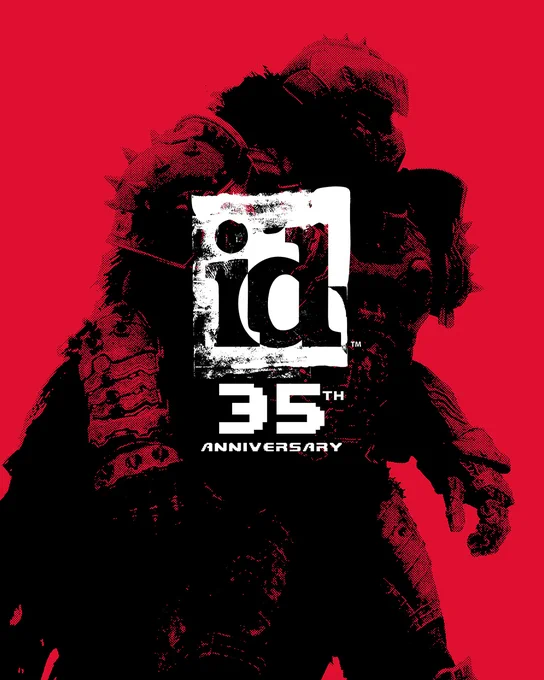 Image representing id Software's 35th Anniversary. Featuring a bold hellfire red background, with the Doom Slayer from DOOM: The Dark Ages standing at the ready depicted in a solid single-colored black halftone treatment.