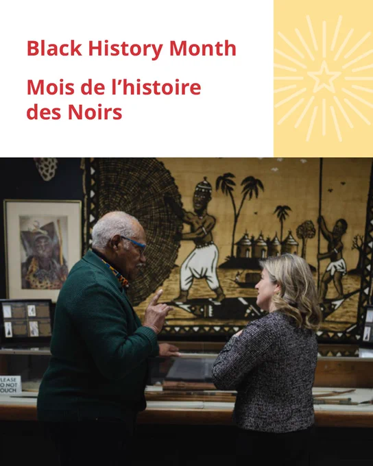 A man and a woman have a conversation in front of artwork depicting Black history. Text above them reads "Black History Month" in English and French, with a yellow sunburst star design in the corner.
-- 
Un homme et une femme discutent devant une œuvre d'art représentant l'histoire des Noirs. Au-dessus d'eux, le texte indique "Mois de l'histoire des Noirs" en anglais et en français, avec un motif d'étoile jaune en forme de soleil dans le coin.