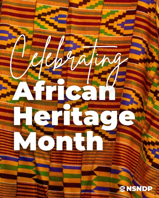 A vibrant graphic celebrating African Heritage Month, featuring colourful kente cloth patterns with the text “Celebrating African Heritage Month” overlaid in white.