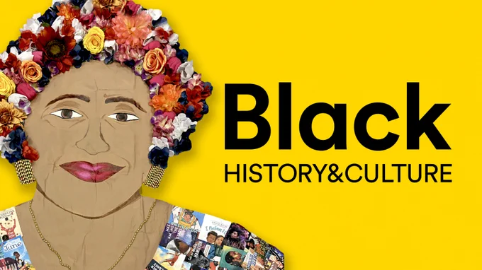 This collage of Dr. Rita Cox was created to commemorate the 50th Anniversary of the Rita Cox Black and Caribbean Heritage Collection. Staff from the Maria A. Shchuka branch used images of book covers to design this imaginative homage to the collection’s namesake. The words "Black History & Culture" appear on the right with a yellow background.