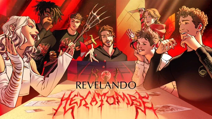 Capa do especial Revelando Hexatombe. A capa é uma ilustração dos jogadores da temporada ao redor de uma mesa jogando o RPG. Da esquerda para a direita, se vê Beamom, Abelha, Cereaw, Cellbit, Bagi, Bastet e Calígrafo. No centro abaixo, o título "Revelando" em preto, com a logo da temporada em vermelho abaixo.