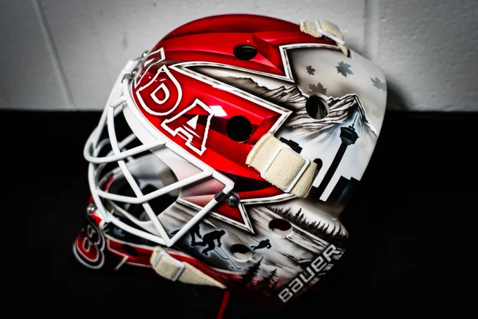 The side of LT's mask which shows the Calgary Tower and ice hockey players skating in his home province of Alberta.