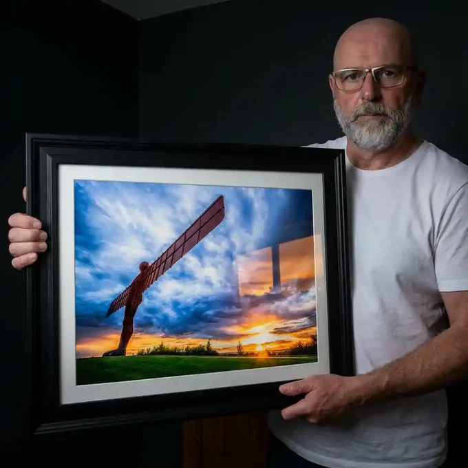 Michael Paul Bennett holding his Angel of the North Sunset print.