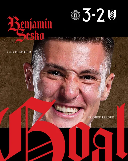 Benjamin Sesko scores to make it 3-2 to Manchester United.