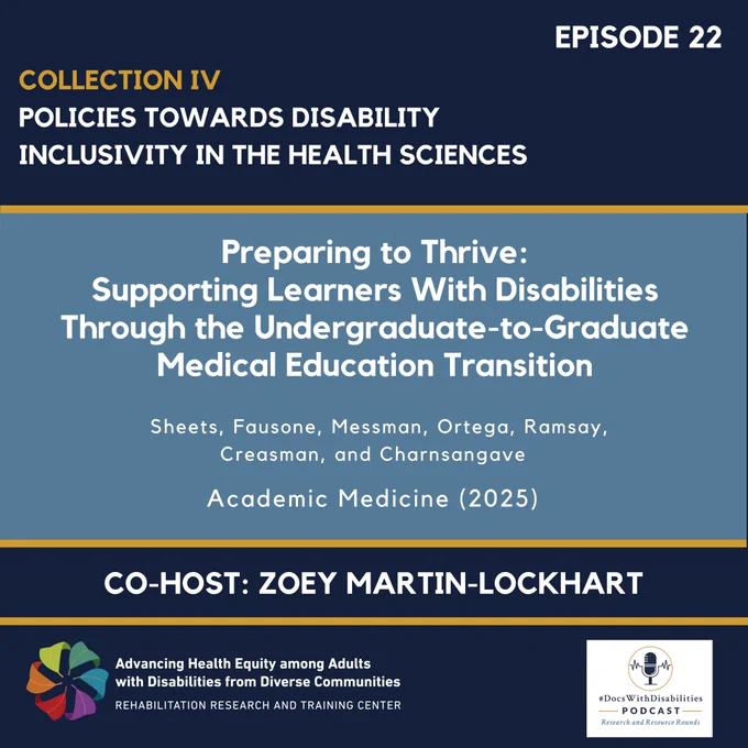 Blue-gray, deep blue square infographic with gold accenting. Episode 22 is written in the top right. Collection IV is written in gold in the top left, followed by "Policies Towards Disability Inclusivity in the Health Sciences" in white. The blue-gray panel in the center reads: "Preparing to Thrive: Supporting Learners With Disabilities Through the Undergraduate-to-Graduate Medical Education Transition." Under this is written: "Sheets, Fausone, Messman, Ortega, Ramsay, Creasman, and Charnsangavej. Academic Medicine (2025)." A deep blue strip features white text reading "Co-host: Zoey Martin-Lockhart." At the bottom are logos for Advancing Health Equity among Adults with Disabilities from Diverse Communities, Rehabilitation Research and Training Center, and the DocsWithDisabilities Podcast Research and Resource Rounds.