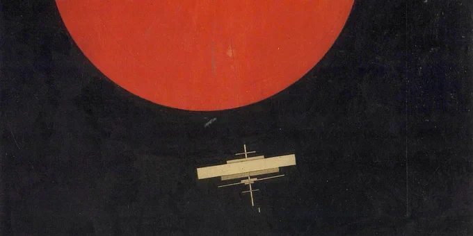 Kosmos (1925) by Ilya Chashnik, a suprematist painting depicting a cluster of white rectangles resembling a space station hovers over a black surface, next to a vast red circle.