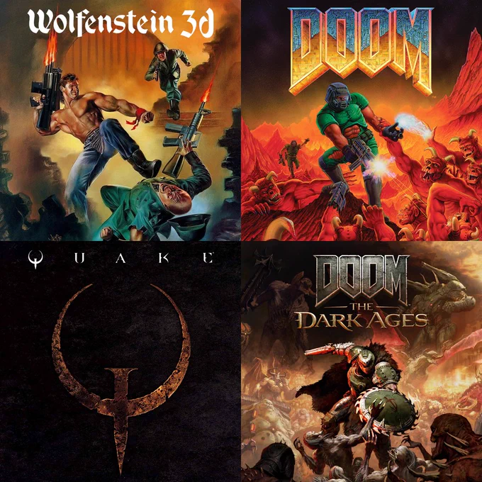 A four-panel collage of classic id Software games, showing Wolfenstein 3D, DOOM, Quake, and DOOM: The Dark Ages.