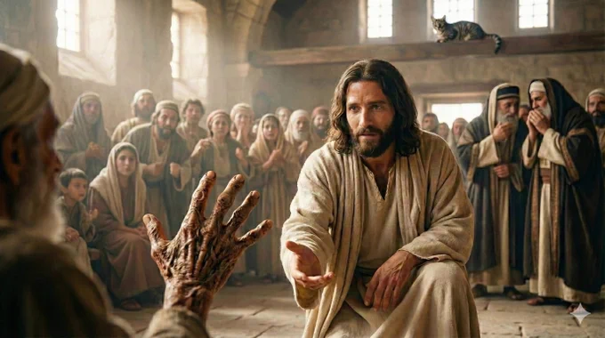 Inside a sunlit synagogue, Jesus kneels and reaches out toward a man whose hand is withered and raised toward him. A crowd watches with hope and amazement while several religious leaders stand to the side in tense disbelief; a cat rests quietly on a wooden beam above. Inside a sunlit synagogue, Jesus kneels and reaches toward a man whose hand is withered and raised toward him. A crowd watches with hope and amazement, while several religious leaders stand to the side in tense disbelief. A cat rests quietly on a wooden beam above.