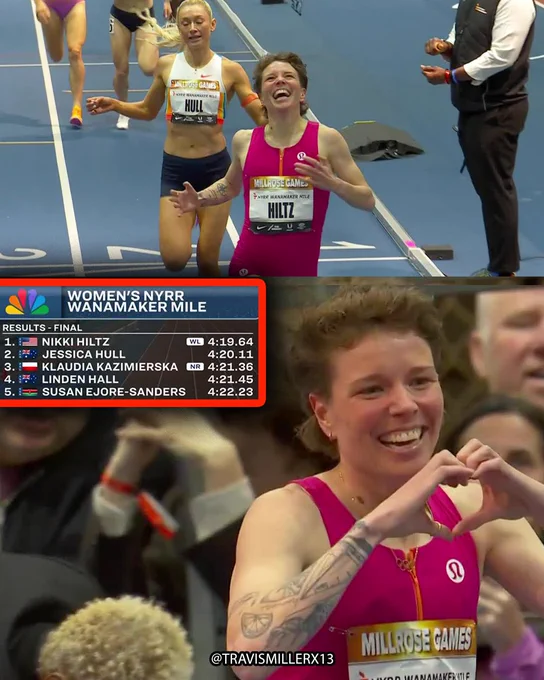 4:19.64 world lead and PB by 🇺🇸Nikki Hiltz to out-kick 🇦🇺Jessica Hull for the #MillroseGames Wanamaker Mile title! 

4:21.36 Polish record for 🇵🇱Klaudia Kazimierska in 3rd.