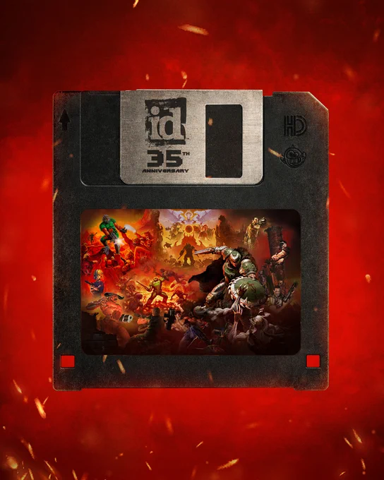 Image of a black 3.5 computer diskette with the metal shield guard having the id Software 35th Anniversary logo in black. The section of the disk usually dedicated to showing what\u2019s on it has very colorful montage of id Software titles. And in the top right corner, there\u2019s an easter egg of a Dopefish (from Commander Keen) etched into the diskette.
