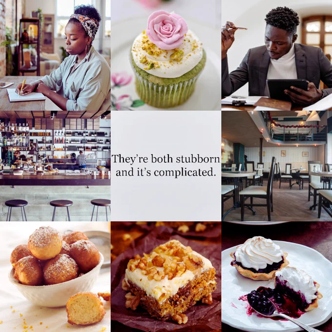 Project Sugar and Spice moodboard

Top row: Black business woman with colorful bandana around her hair scribbling notes down on a notepad; pistachio cupcake decorated with buttercream and a rose made of pink buttercream frosting; black business man in white shirt and gray jacket picking up a pencil and jotting down notes

Middle row: Interior design of a cafe bar; "they're both stubborn and it's complicated" quote; restaurant cafe interior with light coming into the establishment

Bottom row: Zeppole (Italian ricotta donuts sprinkled with powdered sugar displayed in a white bowl); piece of carrot cake with buttercream frosting and walnuts on top; homemade blueberry lavender meringue tartlets on a white plate