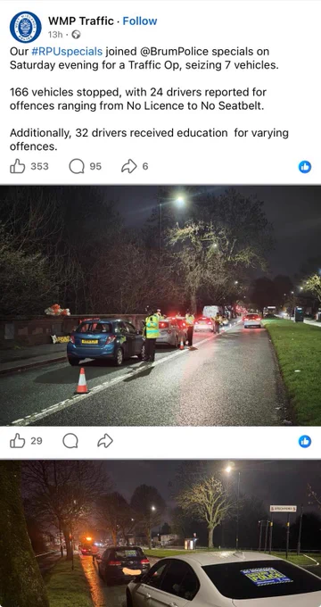 Our #RPUspecials joined @BrumPolice specials on Saturday evening for a Traffic Op, seizing 7 vehicles.
166 vehicles stopped, with 24 drivers reported for offences ranging from No Licence to No Seatbelt.
Additionally, 32