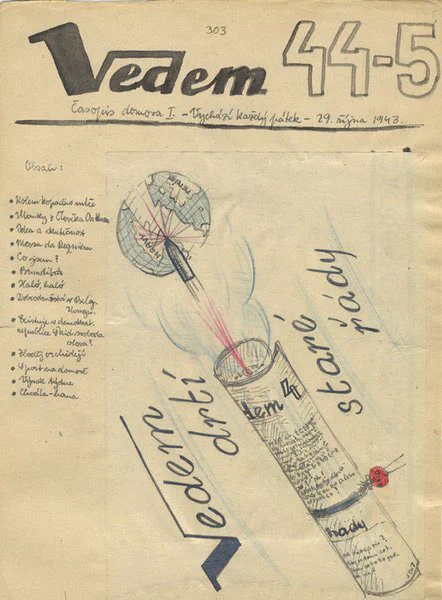 Cover of "Vedem" magazine, issue 44-5 dated April 29, 1943, featuring artistic illustrations including a pencil and torn paper with text, map elements, and various handwritten textual contents in Czech.