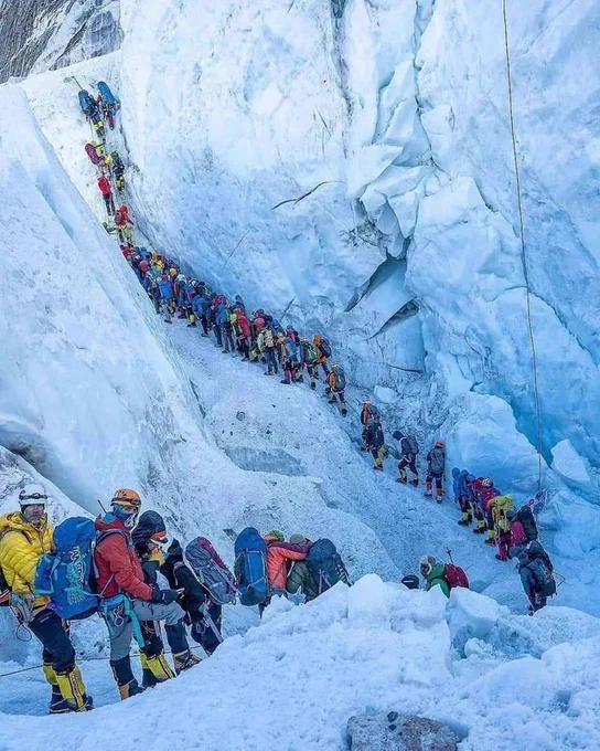 Hikers in a single file line on mt everest