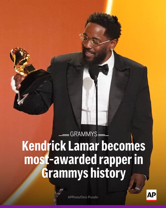 Kendrick Lamar accepts a Grammy. Text: Grammys: Kendrick Lamar becomes most-awarded rapper in Grammys history 