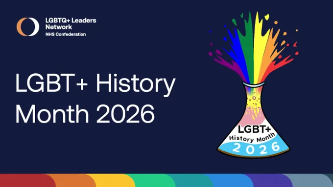 Colorful rainbow liquid bursts from a lab flask labeled LGBT  History Month 2026 against a dark background with LGBTQ  Leaders Network NHS Confederation logo.