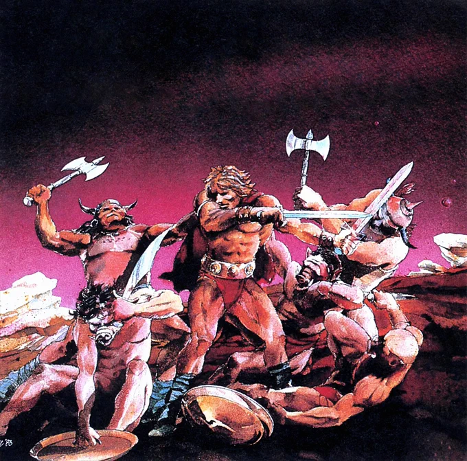 The Black Onyx clean artwork by Wes Adachi used on the cover of the NEC PC-88/PC-98, MSX, Fujitsu FM7, Sharp MZ, Sharp X1, and Sega SG-1000 releases in Japan. Image depicts a barbarian wielding a sword facing off against several enemies with some axes, some with swords and shields. The overall piece has a pink and purple tone to it.