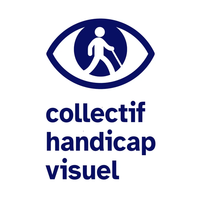 Logo du Collectif Handicap Visuel : dessin d'un œil dans lequel est inscrite la silhouette d'une personne marchant avec une canne blanche.