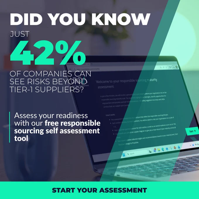 42% of companies identify risks beyond tier-1 suppliers using a responsible sourcing self-assessment tool on a laptop screen.