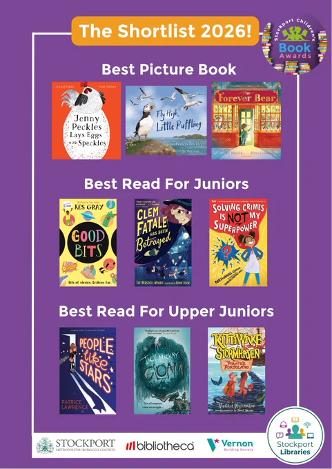 Purple background. Orange title says: The Shortlist 2026! Logo for Stockport Children's Book Awards in upper right corner.  Shows book covers for 3 shortlisted books in 3 categories.