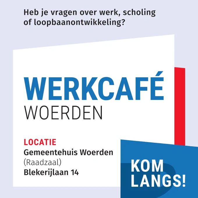 Heb je vragen over werk, scholing of loopbaanontwikkeling? Werkcafé Woerden. Locatie: Gemeentehuis Woerden (Raadzaal), Blekerijlaan 14. Kom langs!