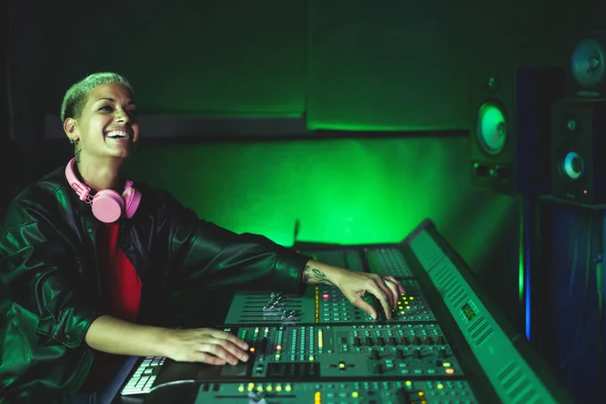 Interior of a music studio with mixing desk