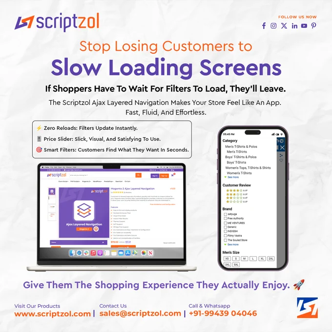 Confused customers don't buy. Give them instant answers with the Scriptzol Magento 2 FAQ Extension.

Buy Now: https://www.scriptzol.com/magento-2-ajax-layered-navigation

#Magento2 #Ecommerce #UX #Scriptzol #WebSpeed #OnlineStore #Magento #SalesBoost #ShopTech #InstantSearch