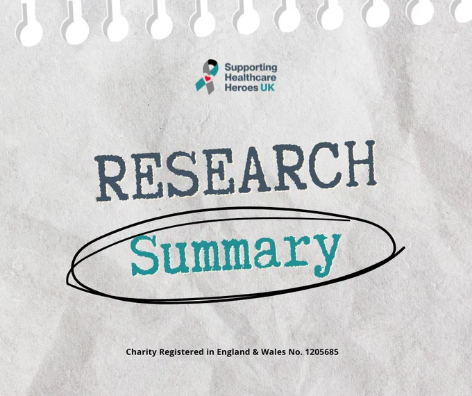 Graphic with a torn-notebook-paper background. At the top is the Supporting Healthcare Heroes UK logo. Large text reads ‘Research Summary,’ with the word ‘Summary’ circled in black. At the bottom, small text says ‘Charity Registered in England & Wales No. 1205685.