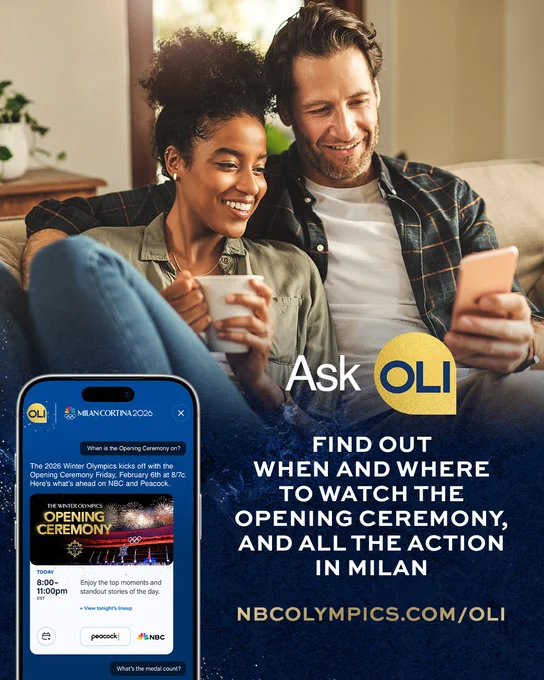 A person holding a mug and another seated with a smartphone displaying the Opening Ceremony details for the Milan Cortina 2026 Winter Olympics. The text highlights "Ask OLI" for information on watching the event and mentions NBCOlympics.com/OLI.
