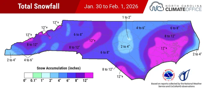 A map of total snowfall in North Carolina from January 30 to February 1, 2026