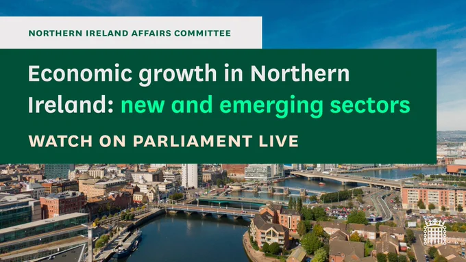 Northern Ireland Affairs Committee.
Economic growth in Northern Ireland: new and emerging sectors.
Watch on Parliament Live.
Photo shows the centre of the city of Belfast, with the River Lagan running through the centre of the image, there are four bridge crossings with a variety of buildings on either side.
