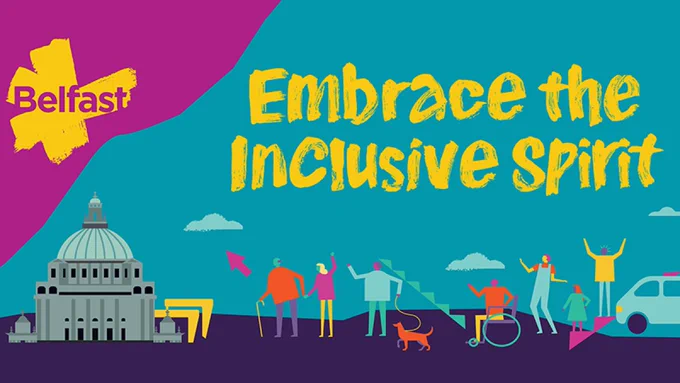 Colorful illustration promoting inclusivity with diverse people, including a person in a wheelchair and a dog, against a cityscape backdrop and the phrase 'Embrace the Inclusive Spirit'.