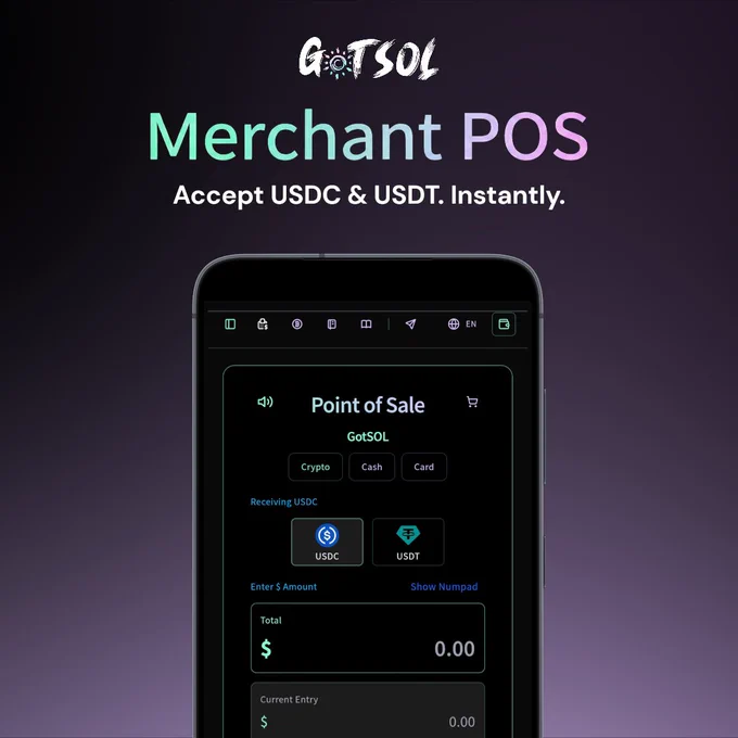 Dark-themed merchant POS interface on a smartphone screen showing USDC and USDT buttons, payment total field and GotSOL branding.