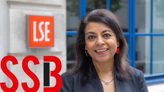Mukulika Banerjee smiling with a London School of Economics sign in the background and the Social Science Bites logo in the foreground. 